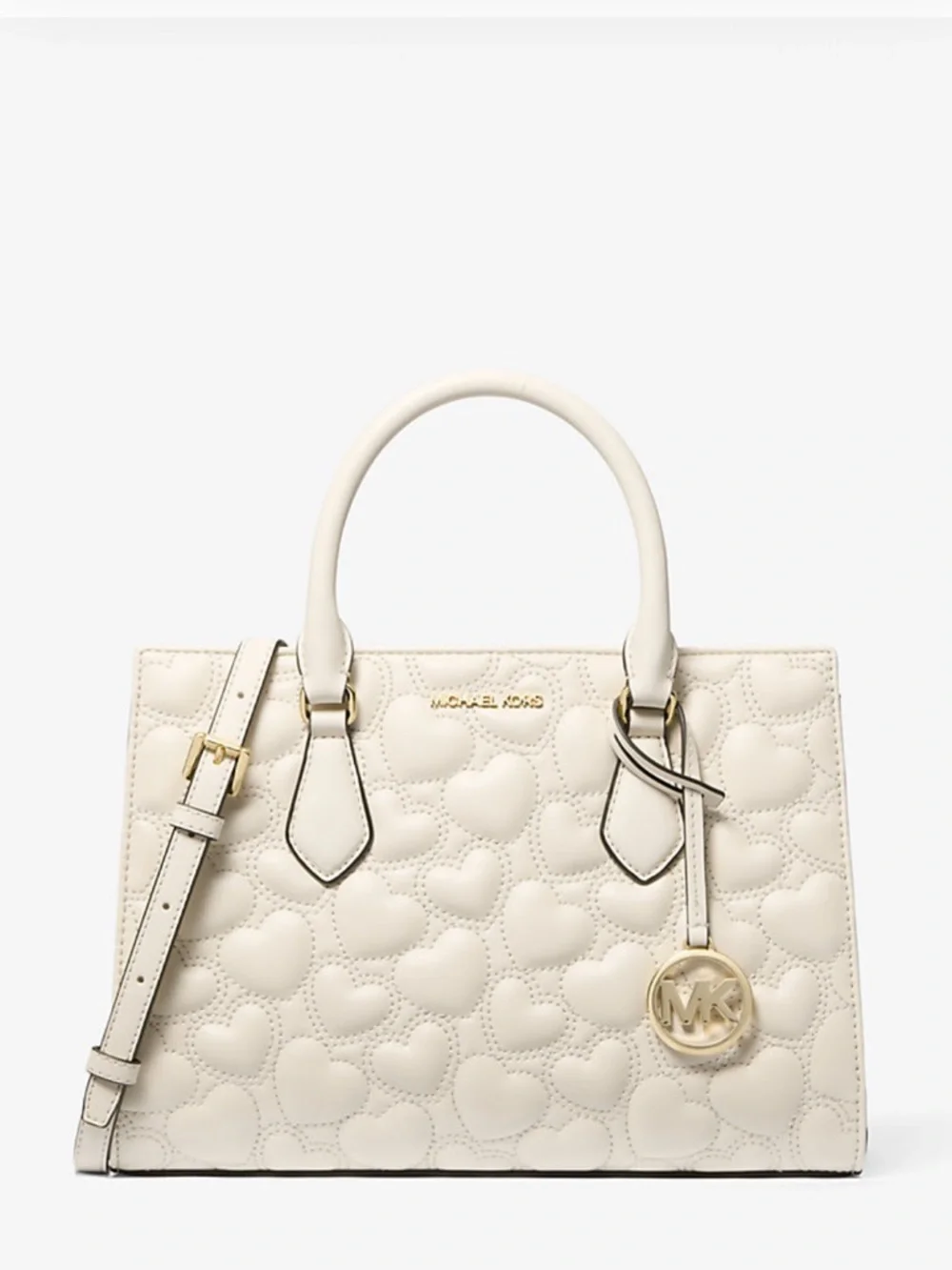 Michael Kors Cream Quilted Heart Leather Satchel with MK Charm